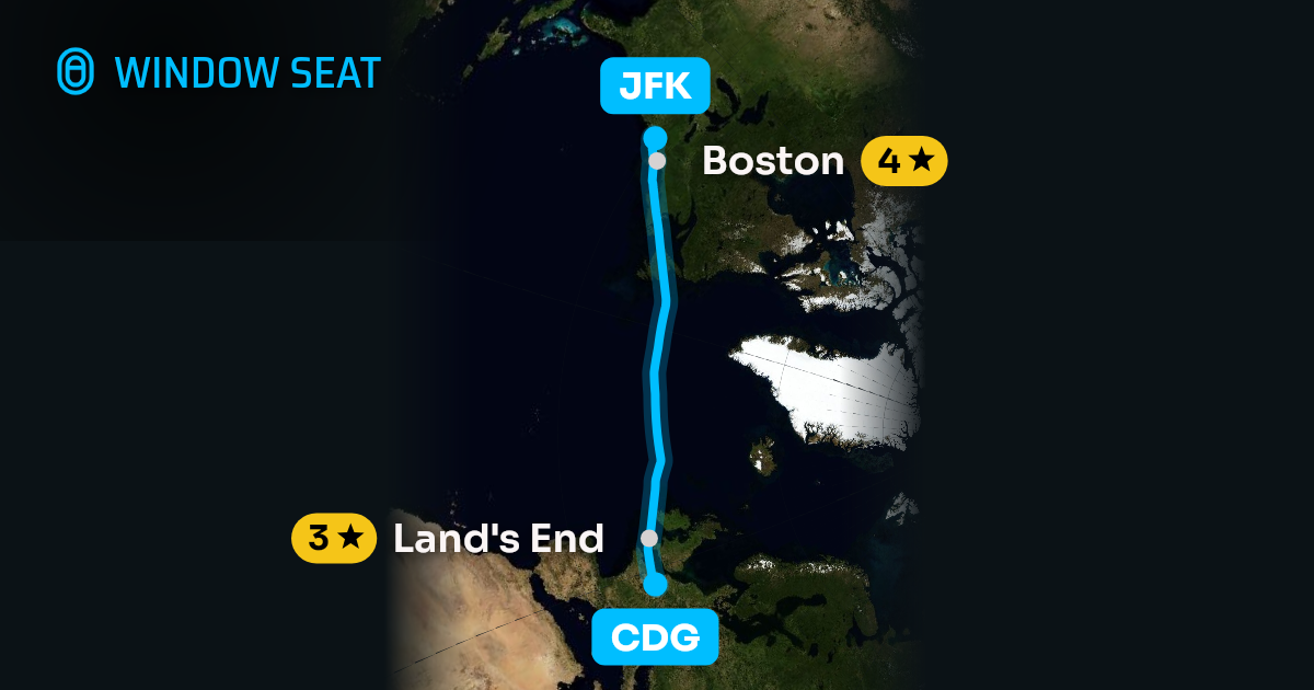 Map of the Paris to New York flight path with its landmarks on each side