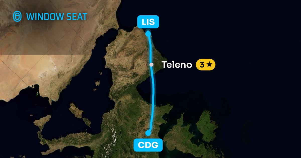 Map of the Paris to Lisbon flight path with its landmarks on each side