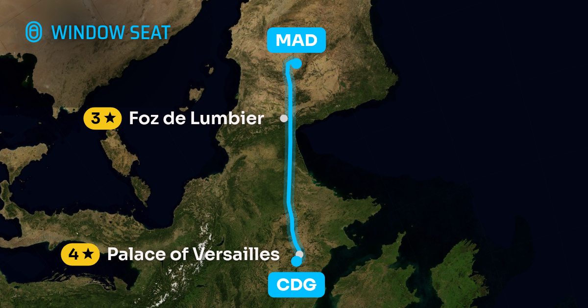 Map of the Paris to Madrid flight path with its landmarks on each side