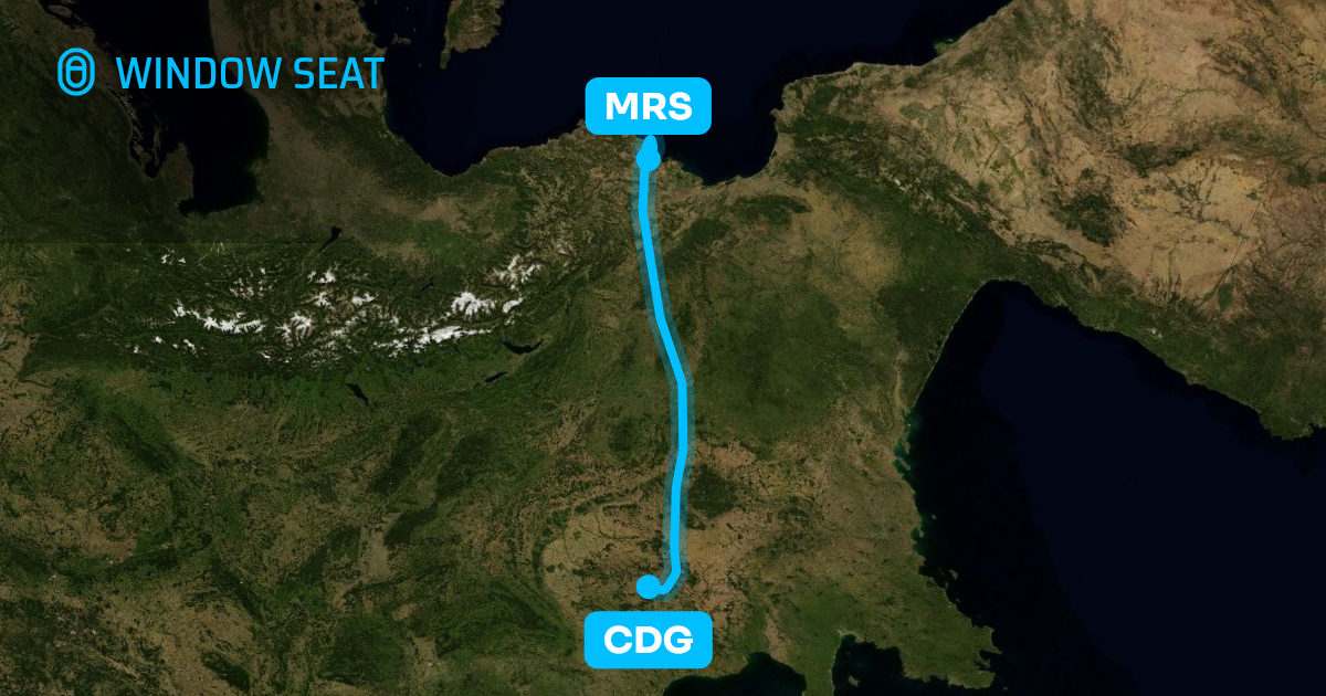 Map of the Paris to Marseille flight path with its landmarks on each side