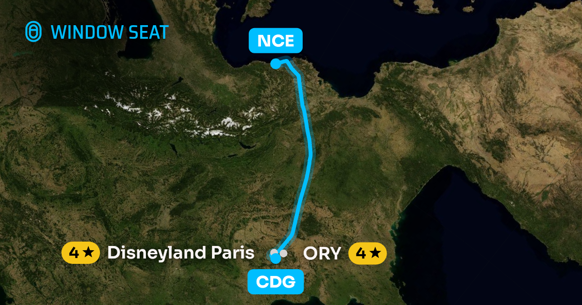 Map of the Paris to Nice flight path with its landmarks on each side