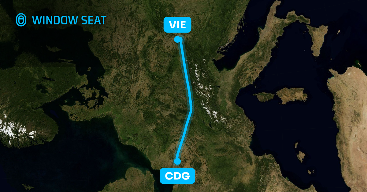 Map of the Paris to Vienna flight path with its landmarks on each side