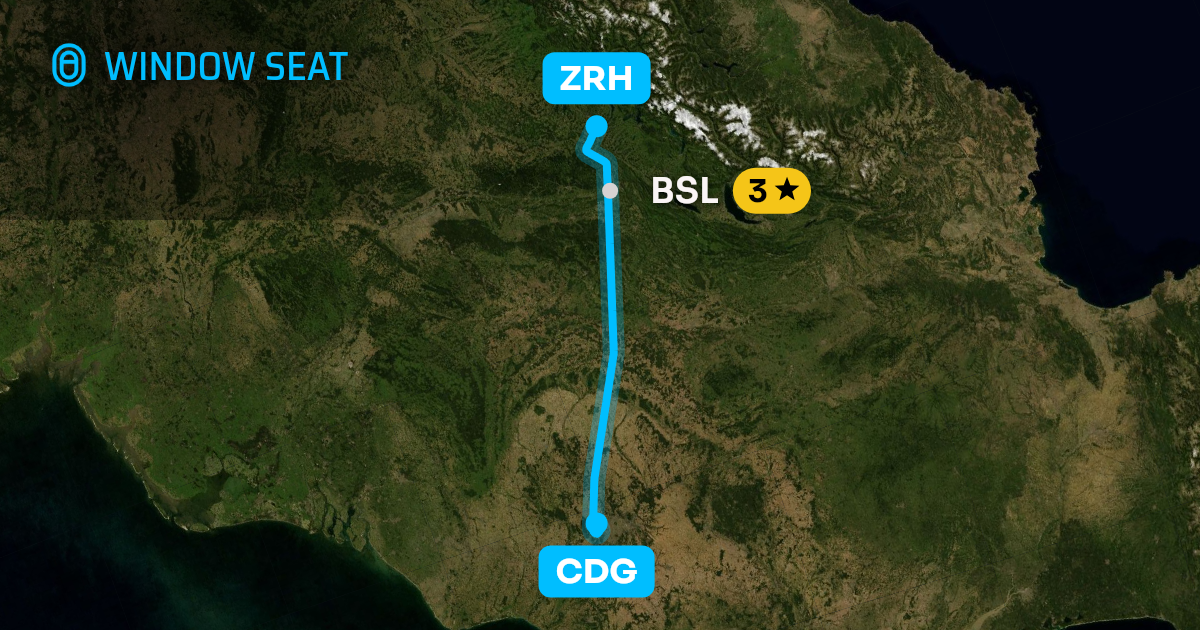 Map of the Paris to Zurich flight path with its landmarks on each side