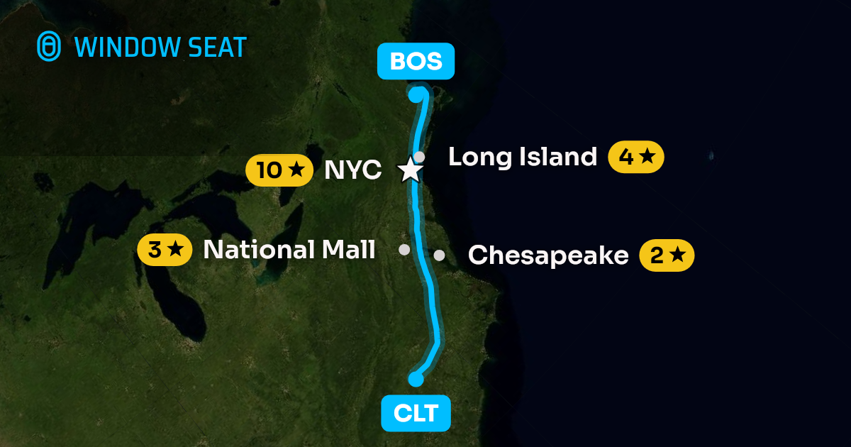 Map of the Charlotte to Boston flight path with its landmarks on each side