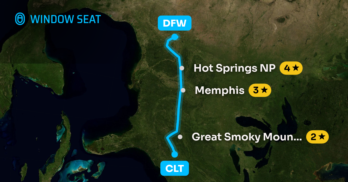 Map of the Charlotte to Dallas-Fort Worth flight path with its landmarks on each side
