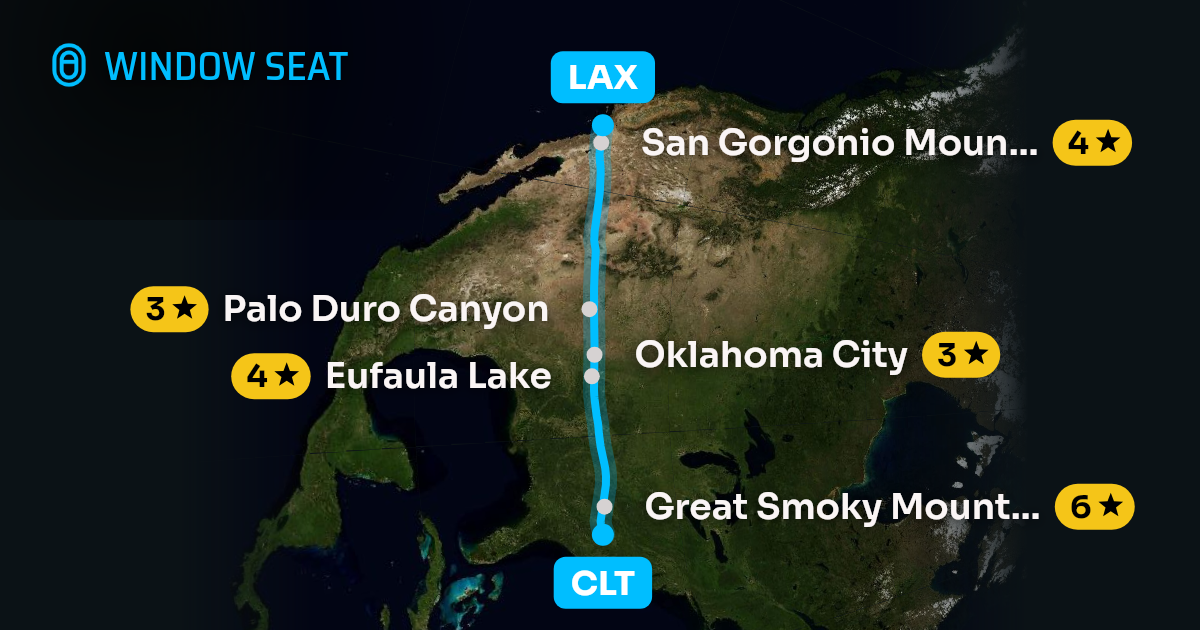 Map of the Charlotte to Los Angeles flight path with its landmarks on each side