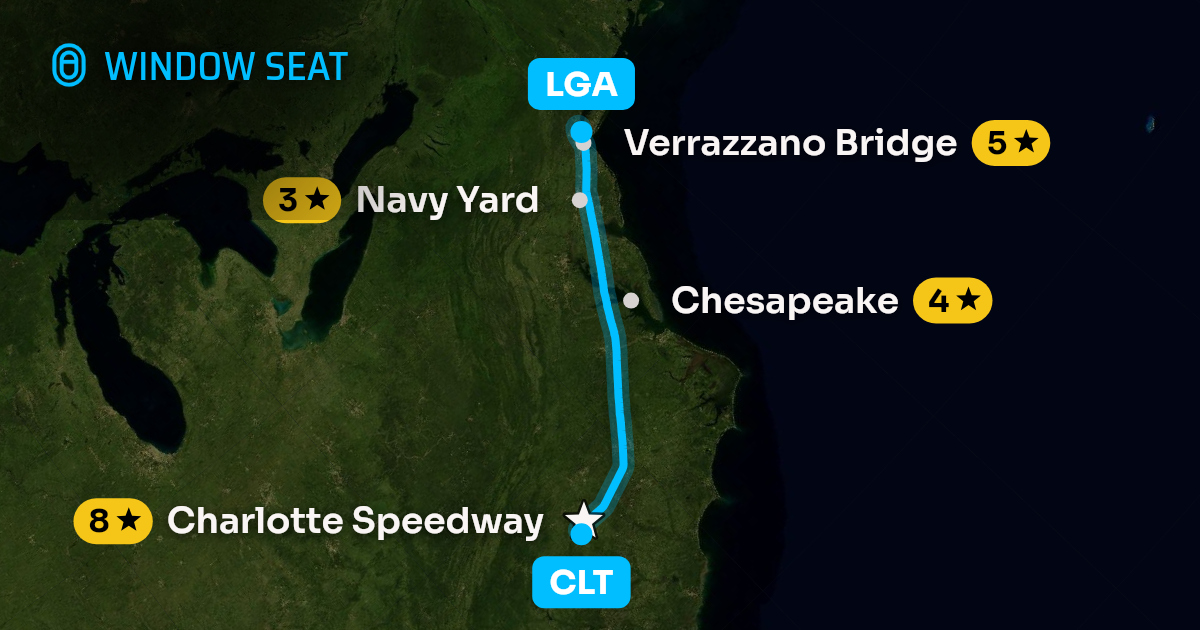 Map of the Charlotte to New York flight path with its landmarks on each side
