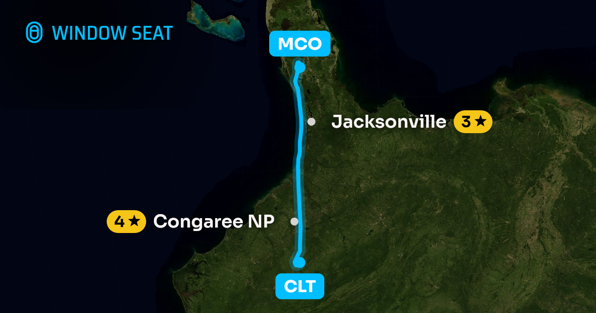 Map of the Charlotte to Orlando flight path with its landmarks on each side