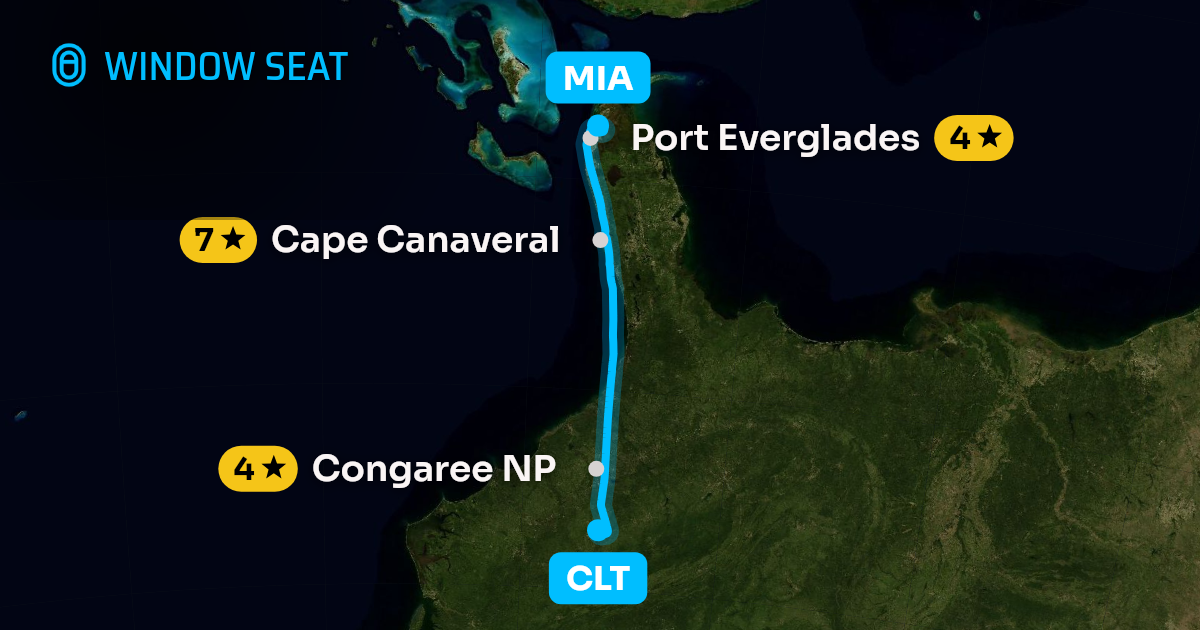 Map of the Charlotte to Miami flight path with its landmarks on each side