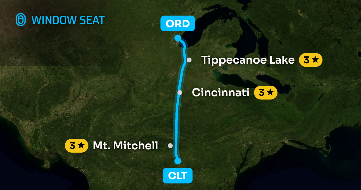 Map of the Charlotte to Chicago flight path with its landmarks on each side
