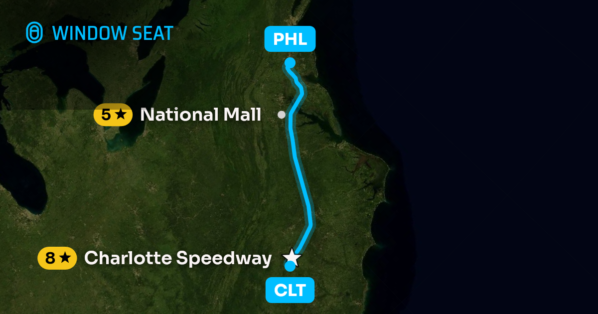 Map of the Charlotte to Philadelphia flight path with its landmarks on each side