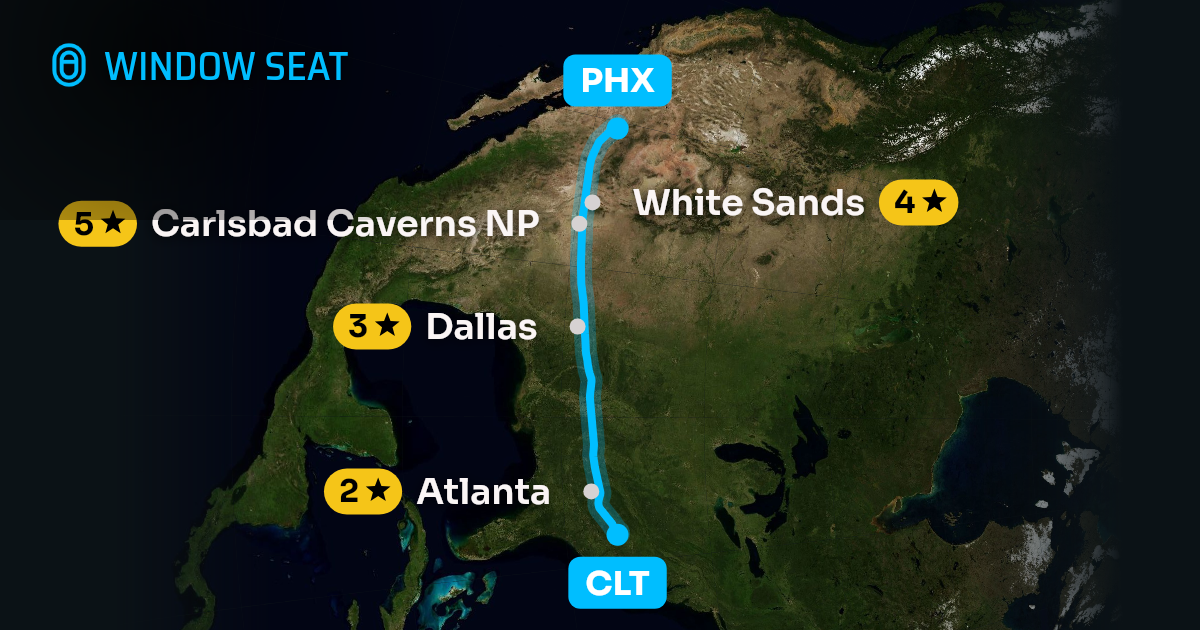 Map of the Charlotte to Phoenix flight path with its landmarks on each side