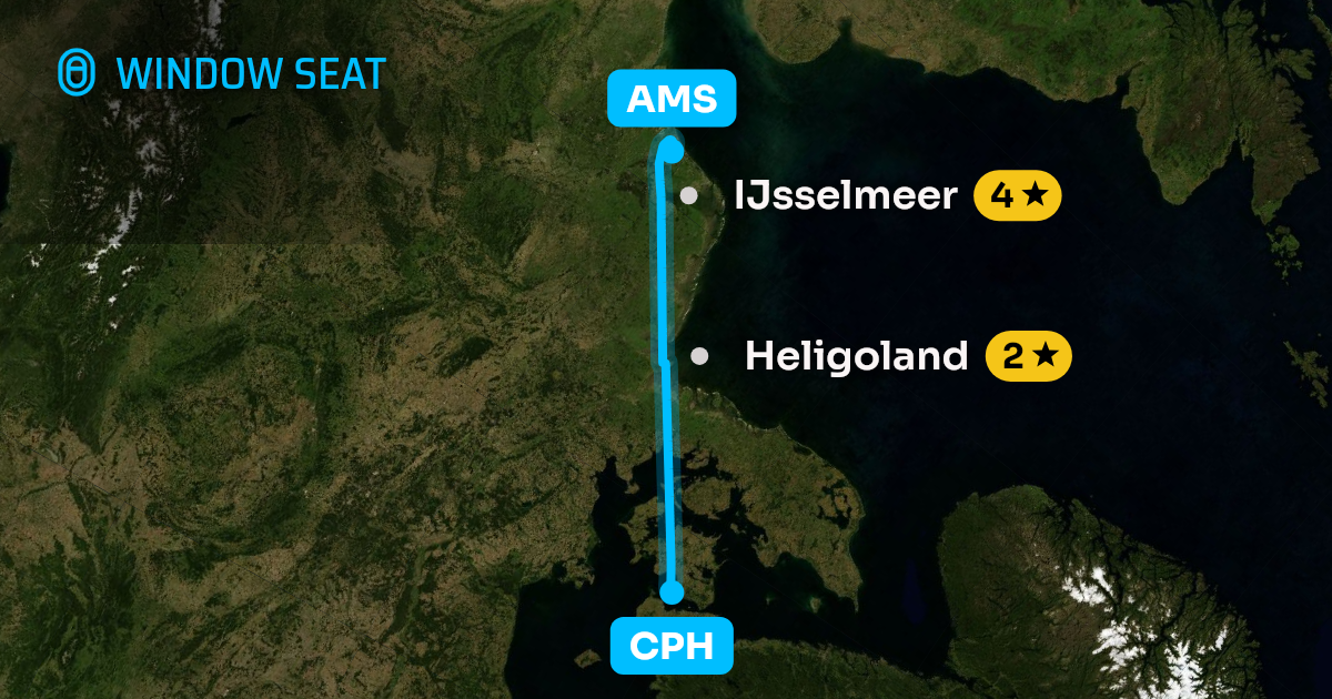 Map of the Copenhagen to Amsterdam flight path with its landmarks on each side