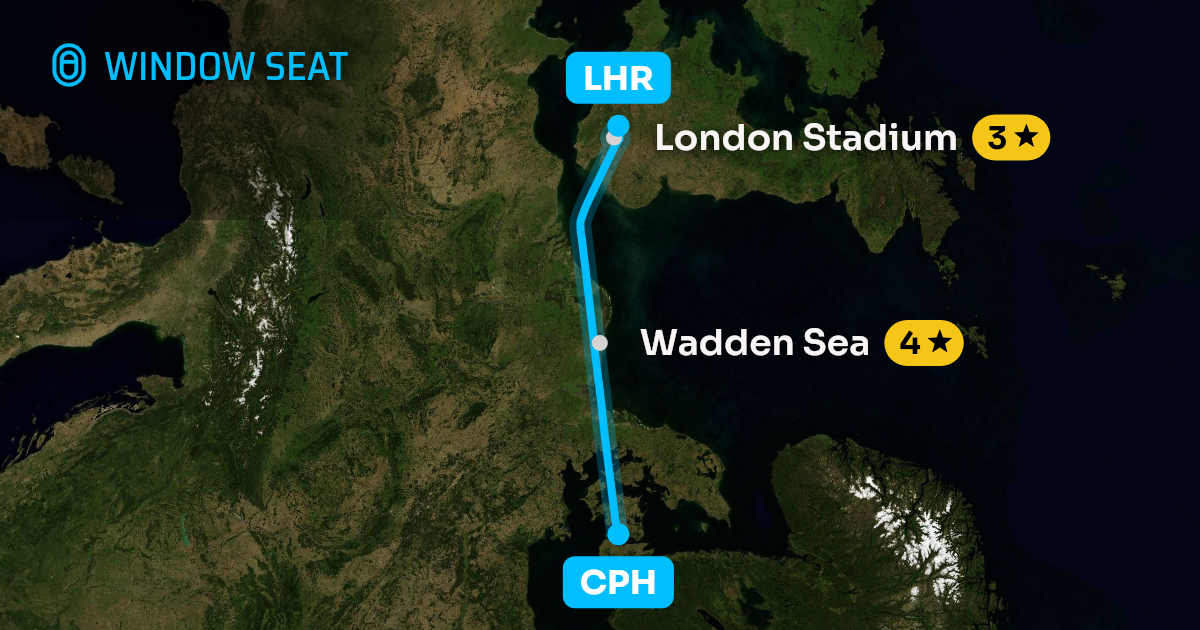 Map of the Copenhagen to London flight path with its landmarks on each side