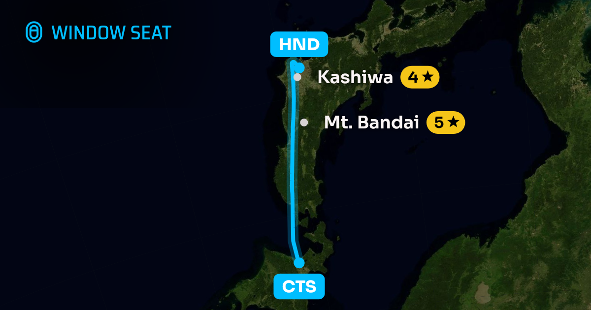 Map of the Sapporo to Tokyo flight path with its landmarks on each side