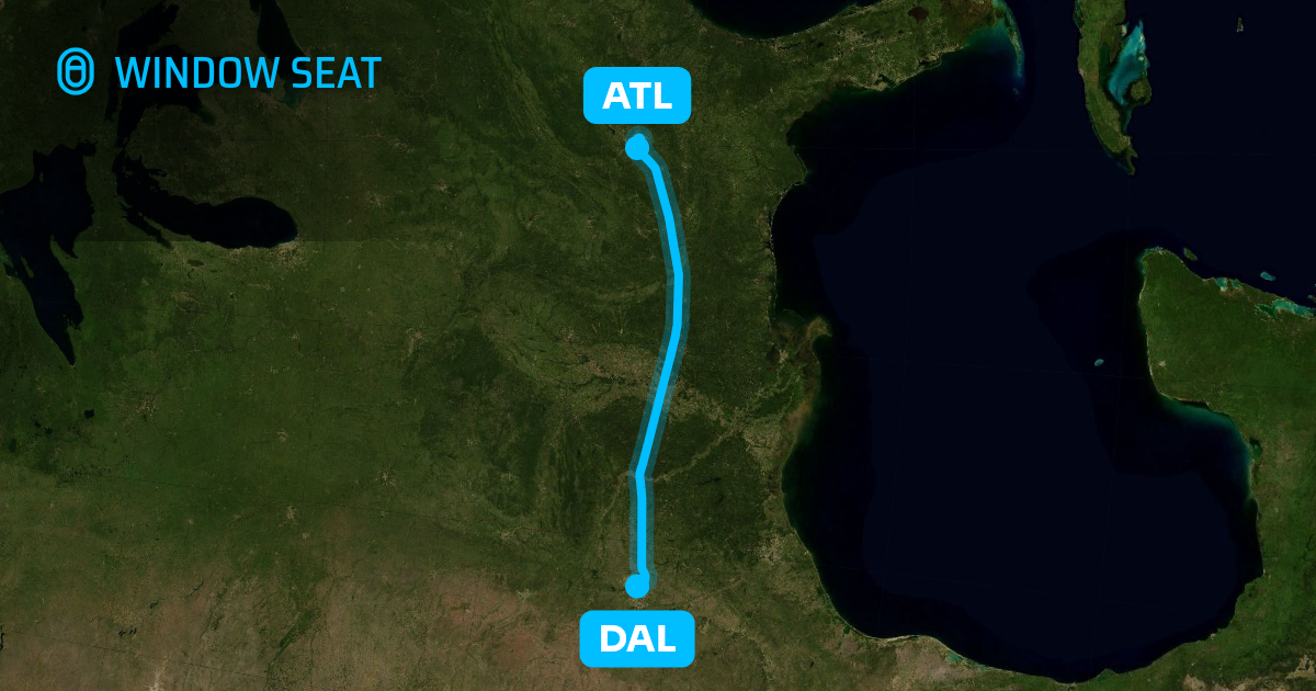 Map of the Dallas to Atlanta flight path with its landmarks on each side