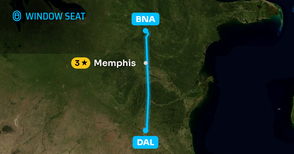 Map of the Dallas to Nashville flight path with its landmarks on each side