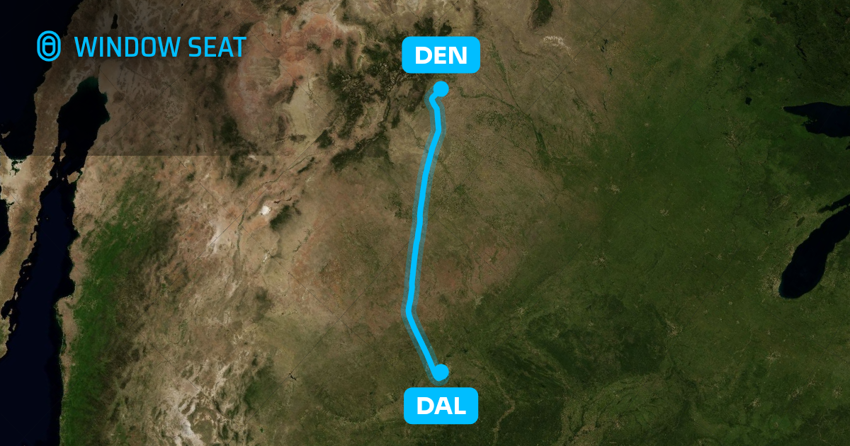 Map of the Dallas to Denver flight path with its landmarks on each side