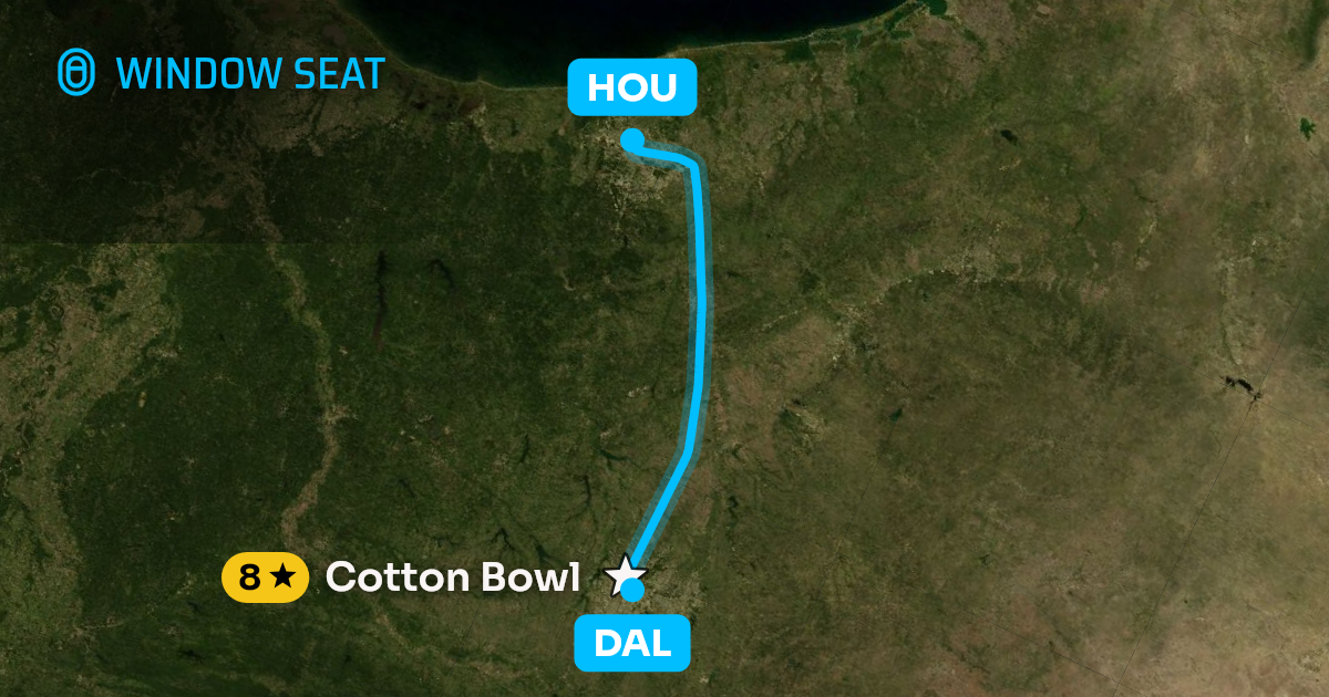 Map of the Dallas to Houston flight path with its landmarks on each side