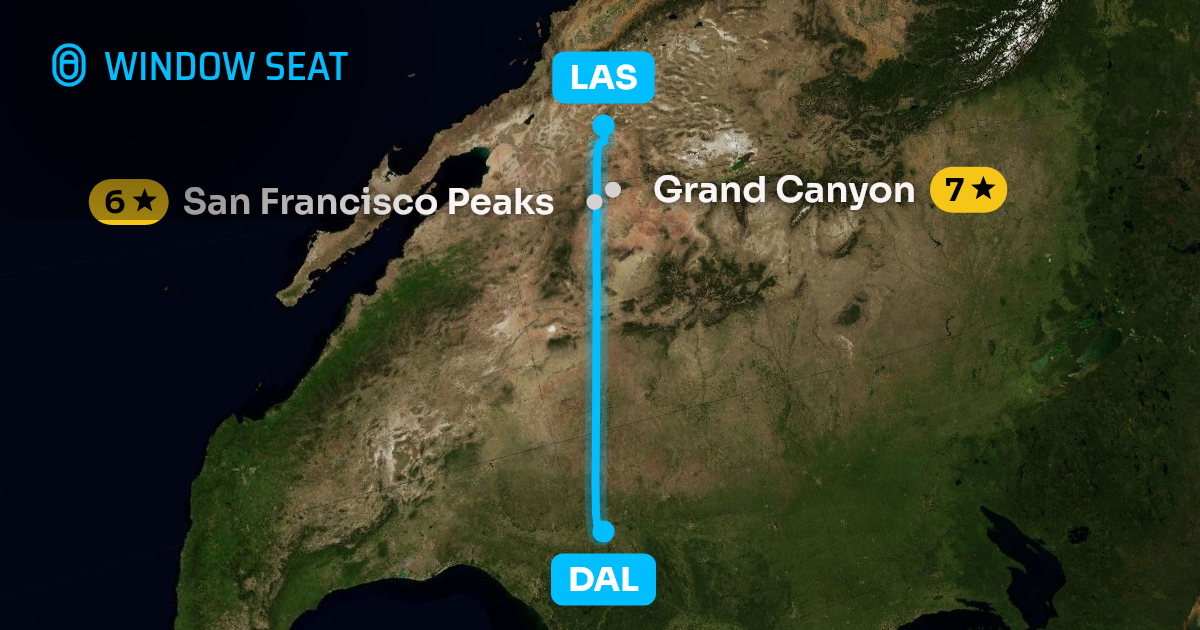 Map of the Dallas to Las Vegas flight path with its landmarks on each side