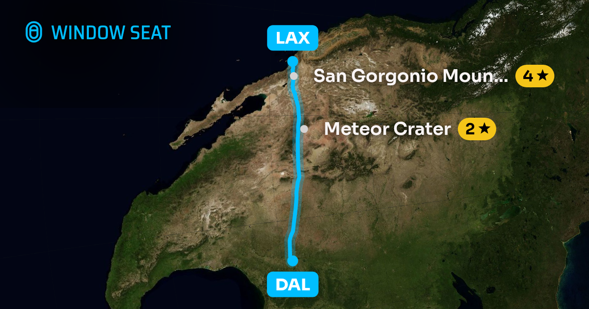 Map of the Dallas to Los Angeles flight path with its landmarks on each side