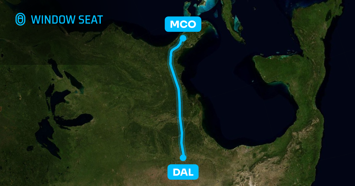 Map of the Dallas to Orlando flight path with its landmarks on each side