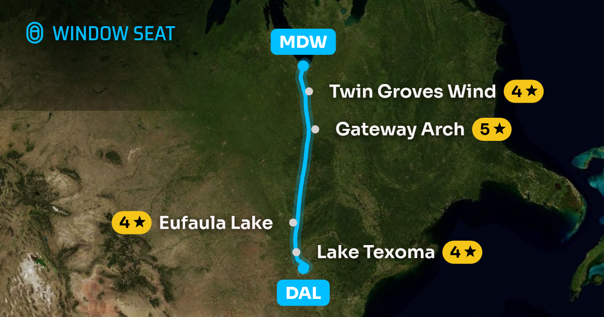 Map of the Dallas to Chicago flight path with its landmarks on each side