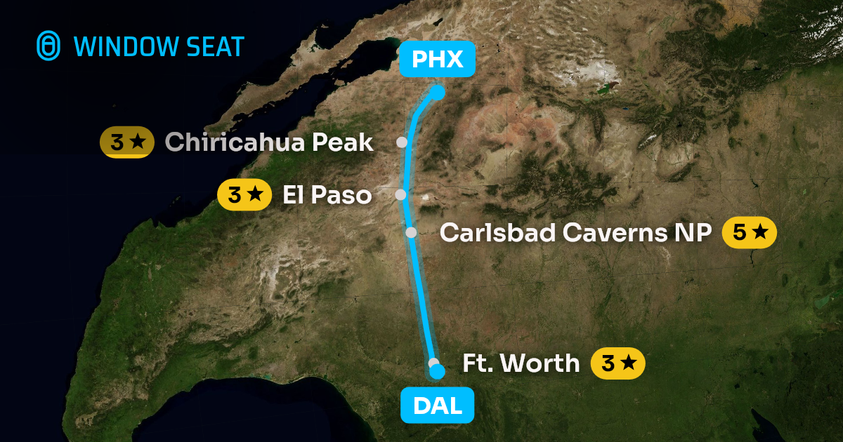 Map of the Dallas to Phoenix flight path with its landmarks on each side