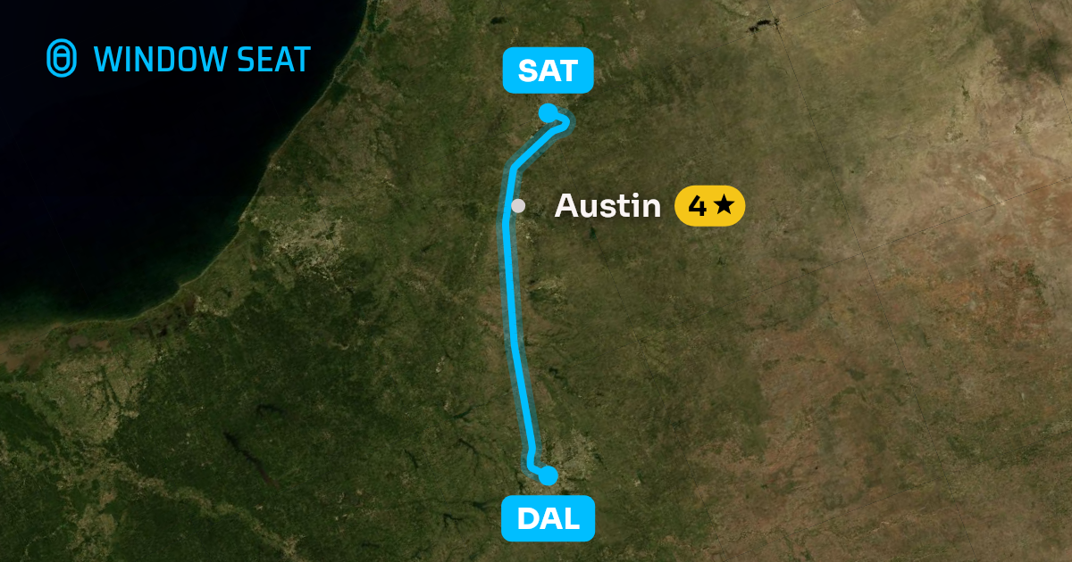 Map of the Dallas to San Antonio flight path with its landmarks on each side