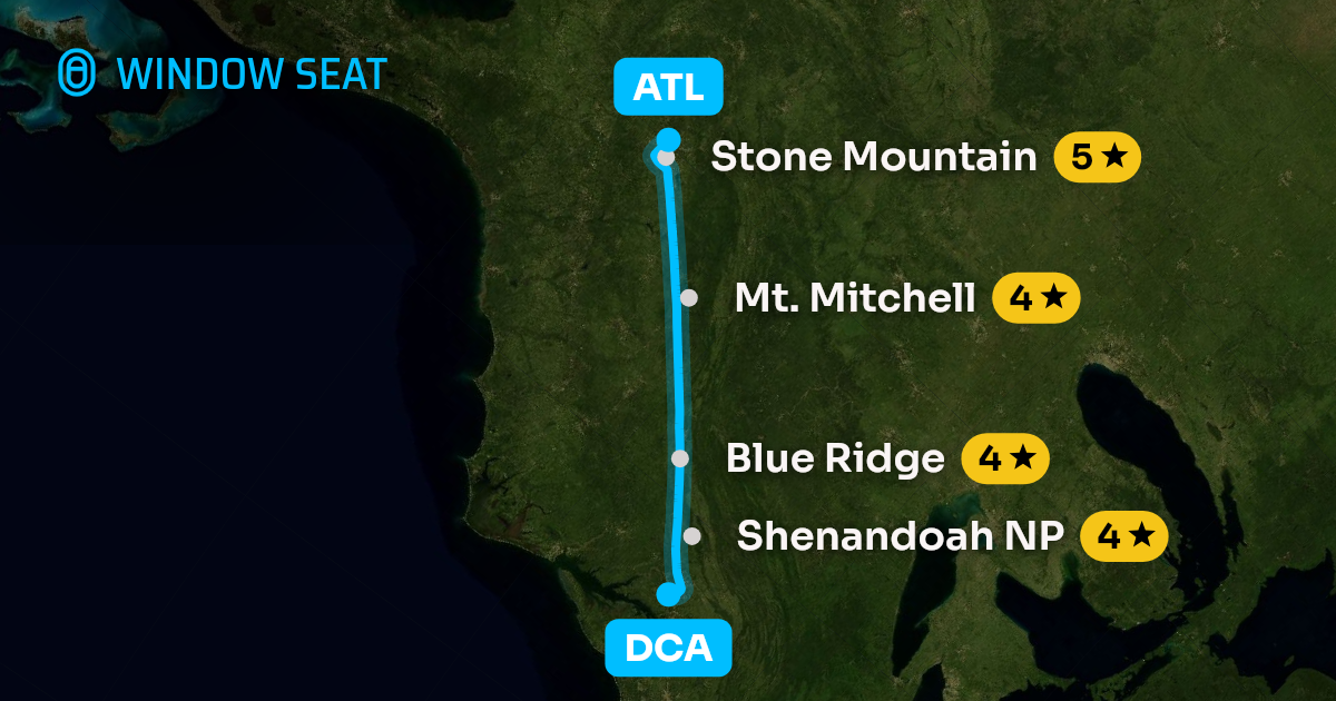 Map of the Washington to Atlanta flight path with its landmarks on each side
