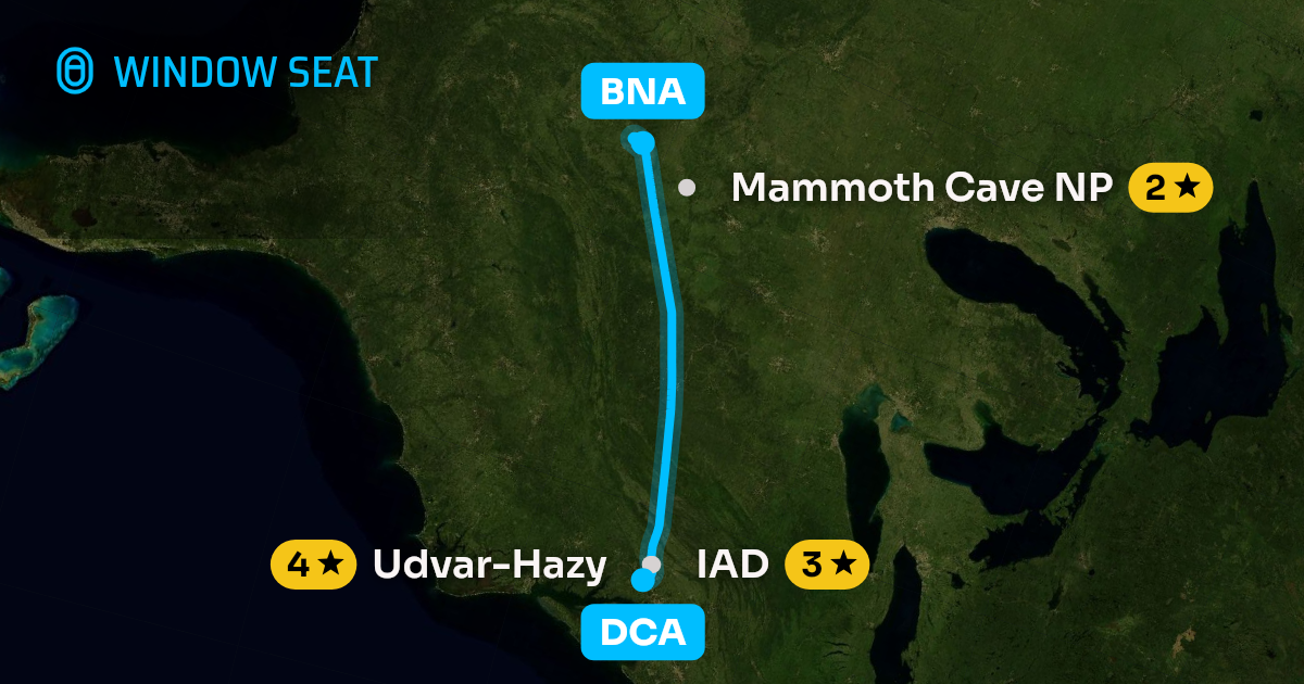 Map of the Washington to Nashville flight path with its landmarks on each side