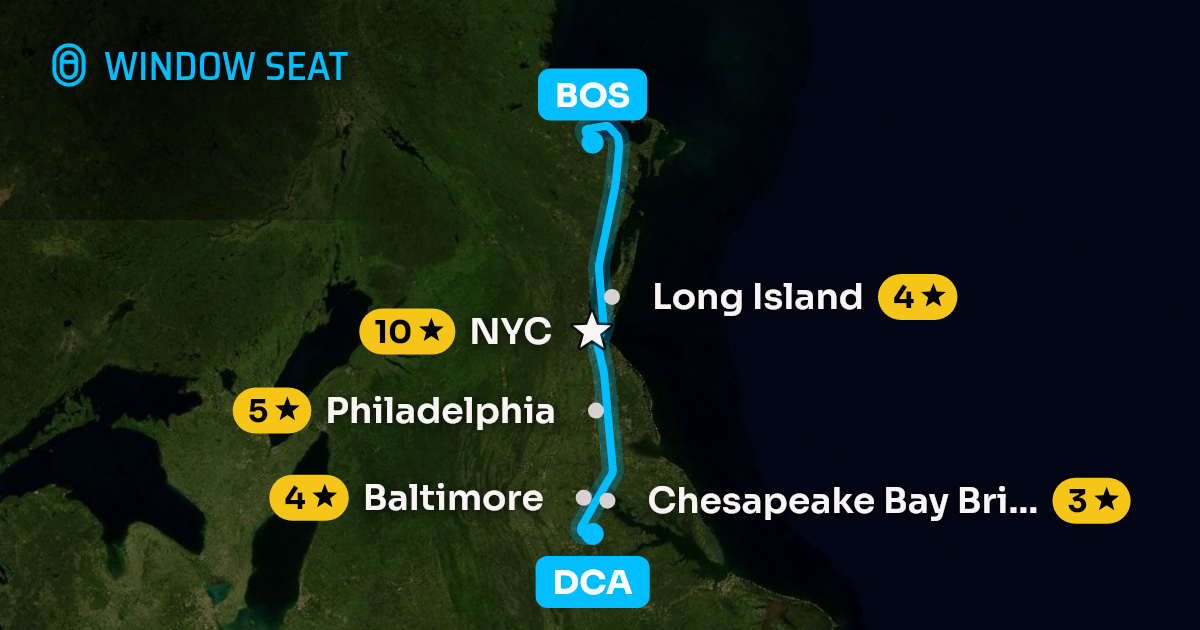 Map of the Washington to Boston flight path with its landmarks on each side