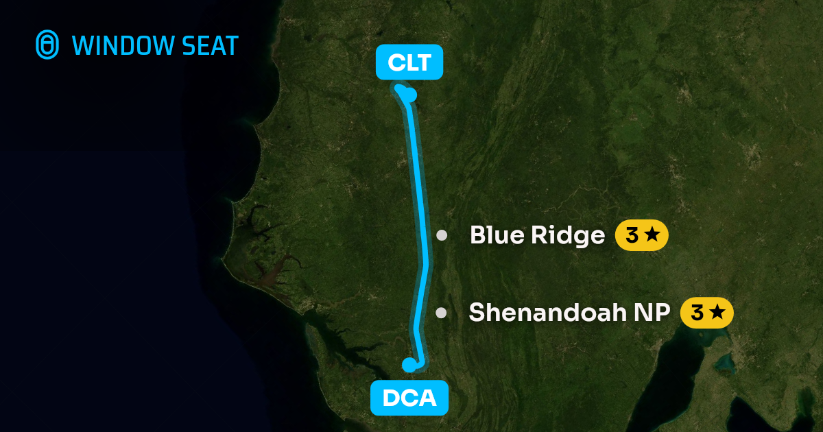 Map of the Washington to Charlotte flight path with its landmarks on each side