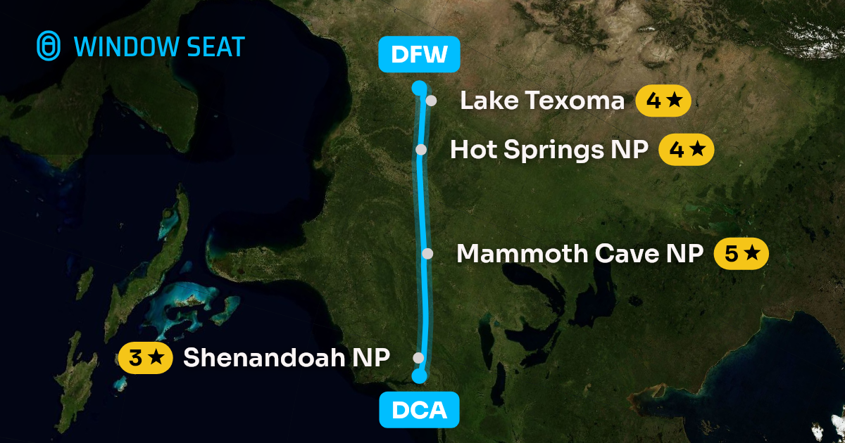 Map of the Washington to Dallas-Fort Worth flight path with its landmarks on each side