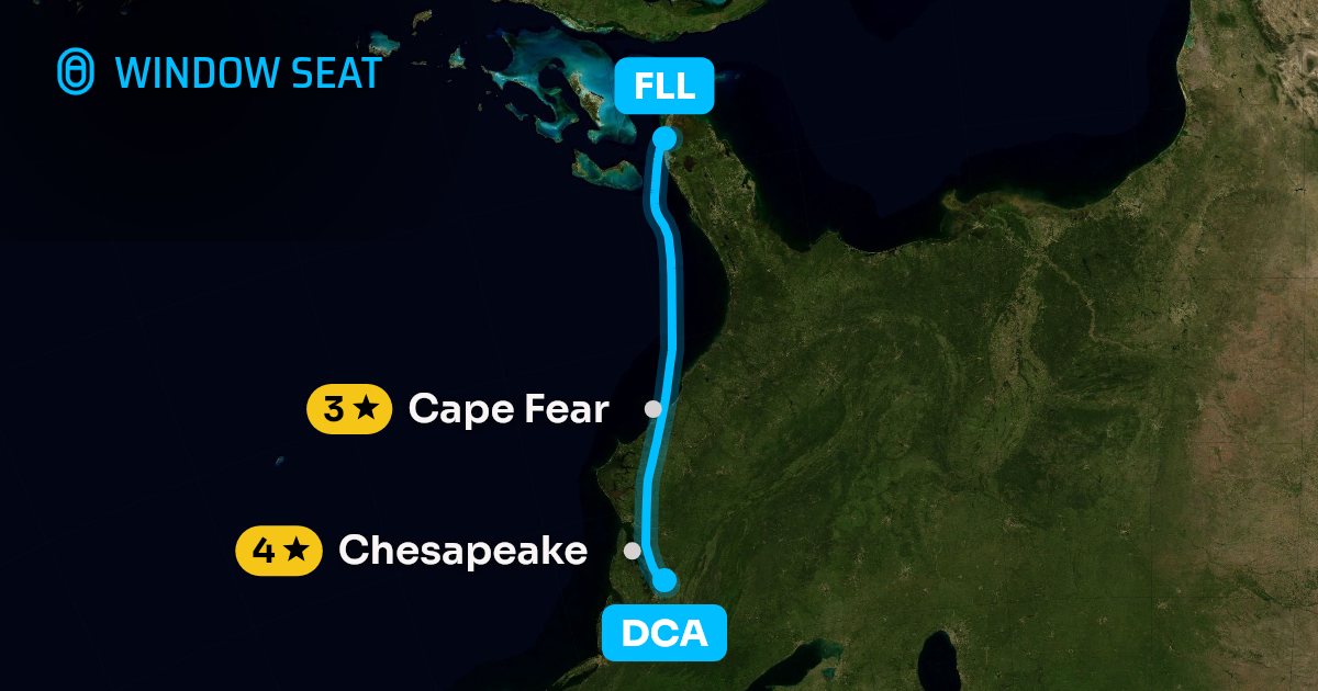 Map of the Washington to Fort Lauderdale flight path with its landmarks on each side