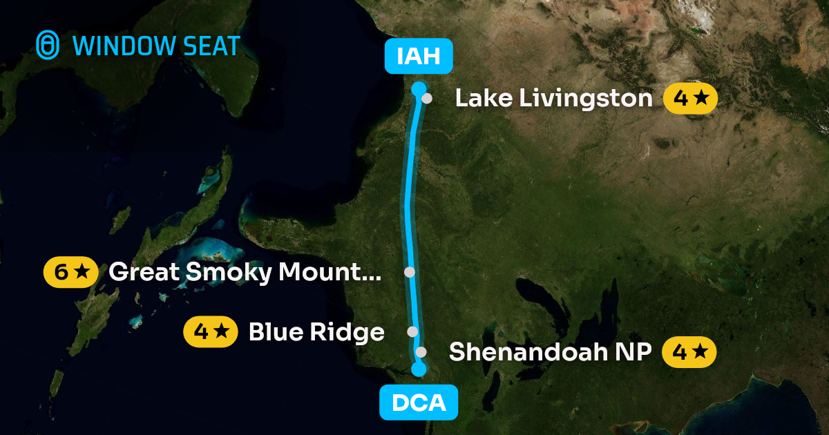 Map of the Washington to Houston flight path with its landmarks on each side