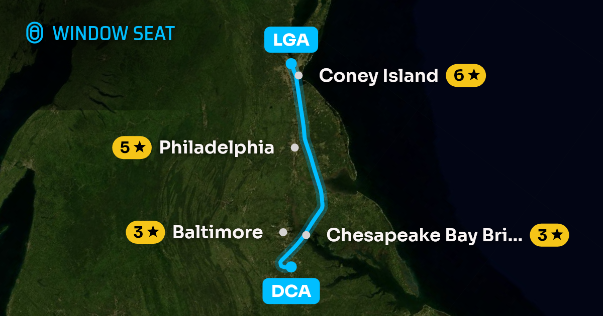 Map of the Washington to New York flight path with its landmarks on each side