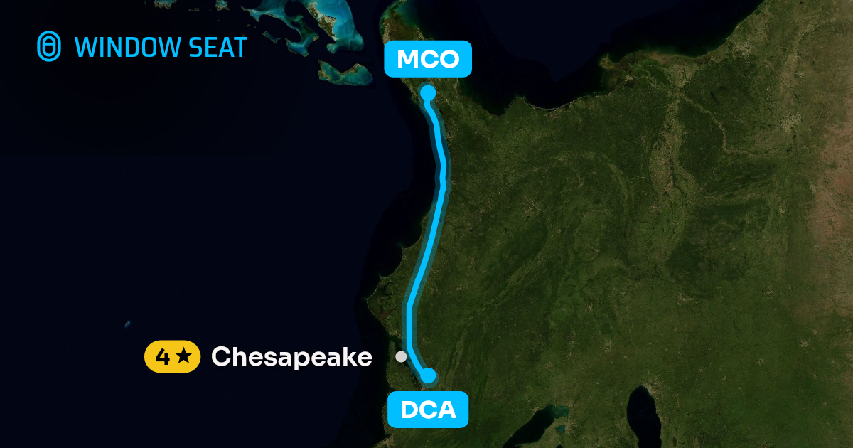 Map of the Washington to Orlando flight path with its landmarks on each side