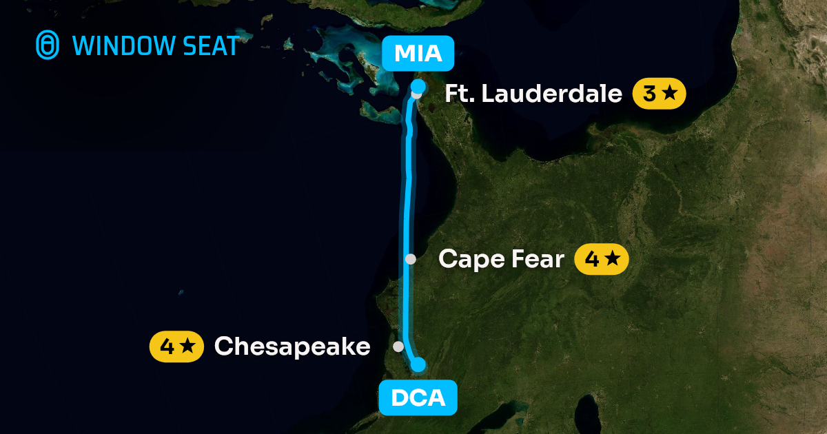 Map of the Washington to Miami flight path with its landmarks on each side