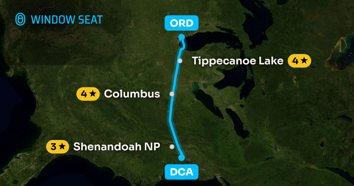 Map of the Washington to Chicago flight path with its landmarks on each side