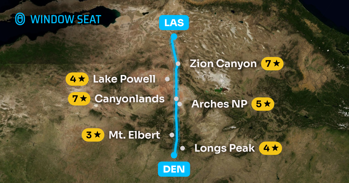 Map of the Denver to Las Vegas flight path with its landmarks on each side