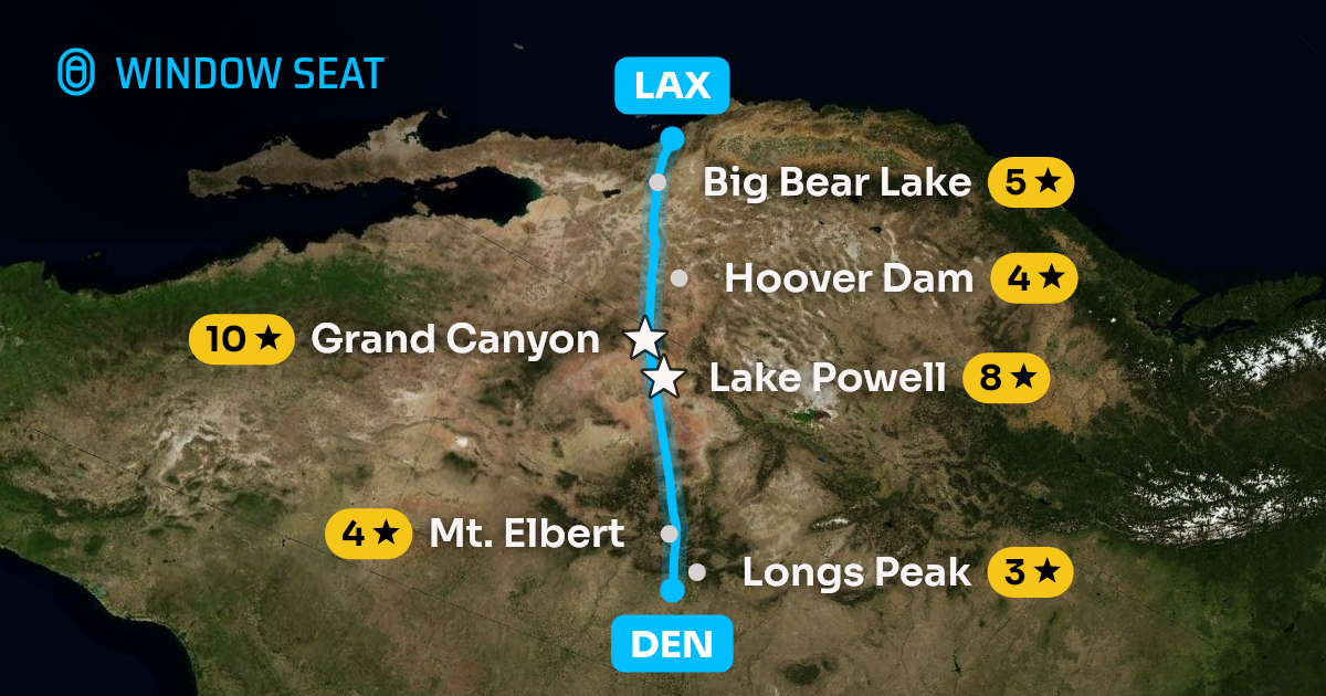 Map of the Denver to Los Angeles flight path with its landmarks on each side