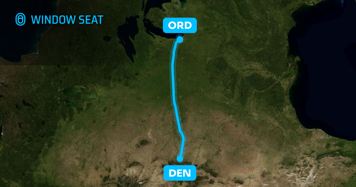 Map of the Denver to Chicago flight path with its landmarks on each side