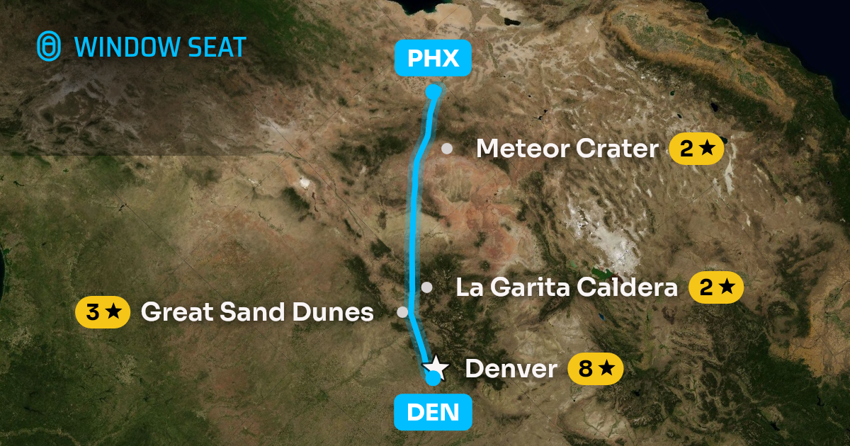 Map of the Denver to Phoenix flight path with its landmarks on each side