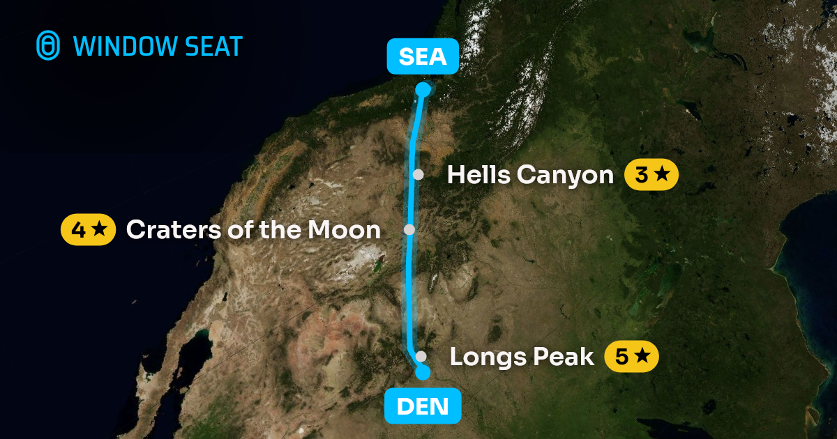 Map of the Denver to Seattle flight path with its landmarks on each side
