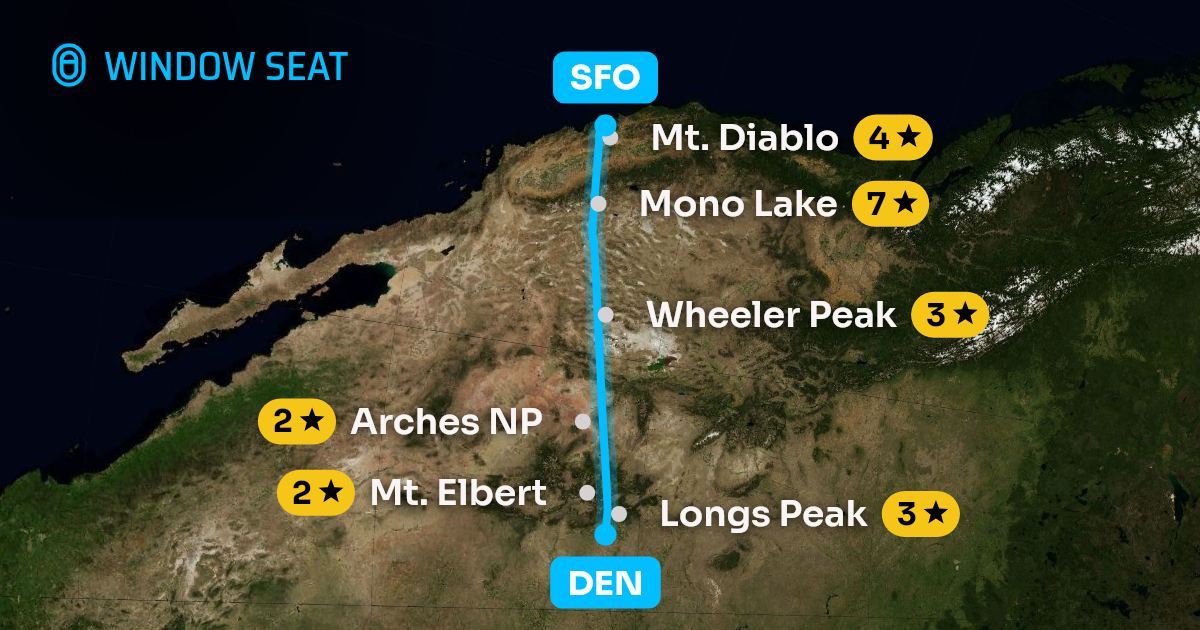 Map of the Denver to San Francisco flight path with its landmarks on each side