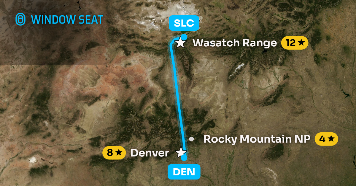 Map of the Denver to Salt Lake City flight path with its landmarks on each side