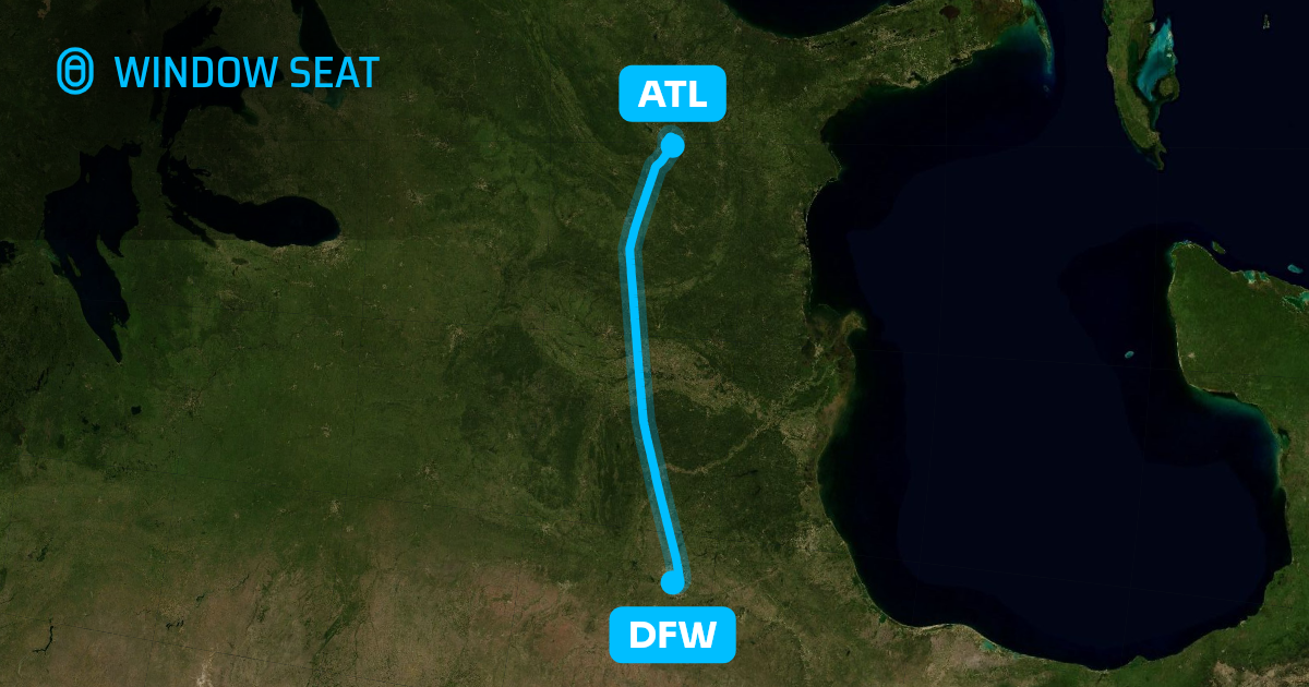 Map of the Dallas-Fort Worth to Atlanta flight path with its landmarks on each side