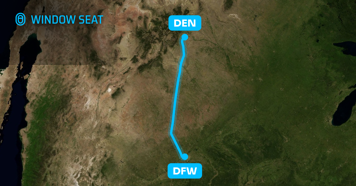 Map of the Dallas-Fort Worth to Denver flight path with its landmarks on each side