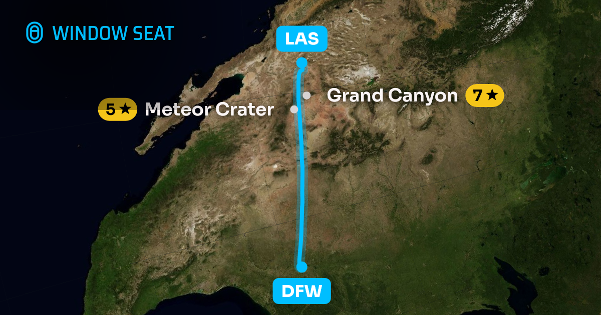 Map of the Dallas-Fort Worth to Las Vegas flight path with its landmarks on each side